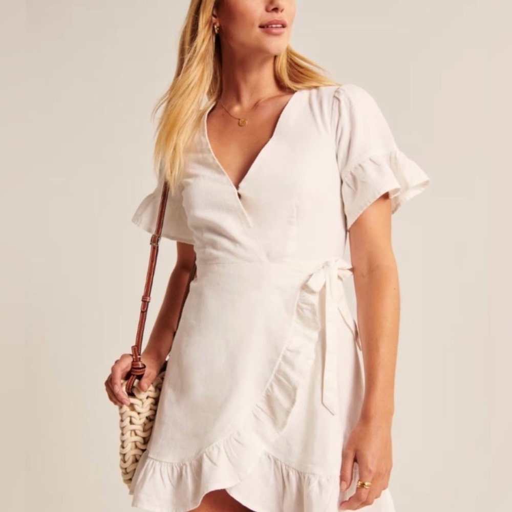 Abercrombie & Fitch angel ruffle sleeve white linen blend wrap dress medium tall